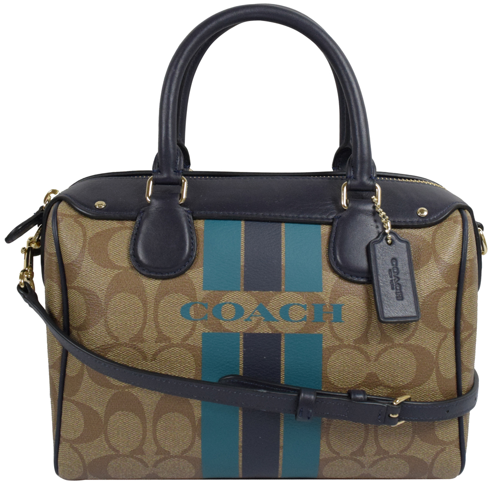 COACH 馬車LOGO條紋防水PVC兩用波士頓包.駝/深藍