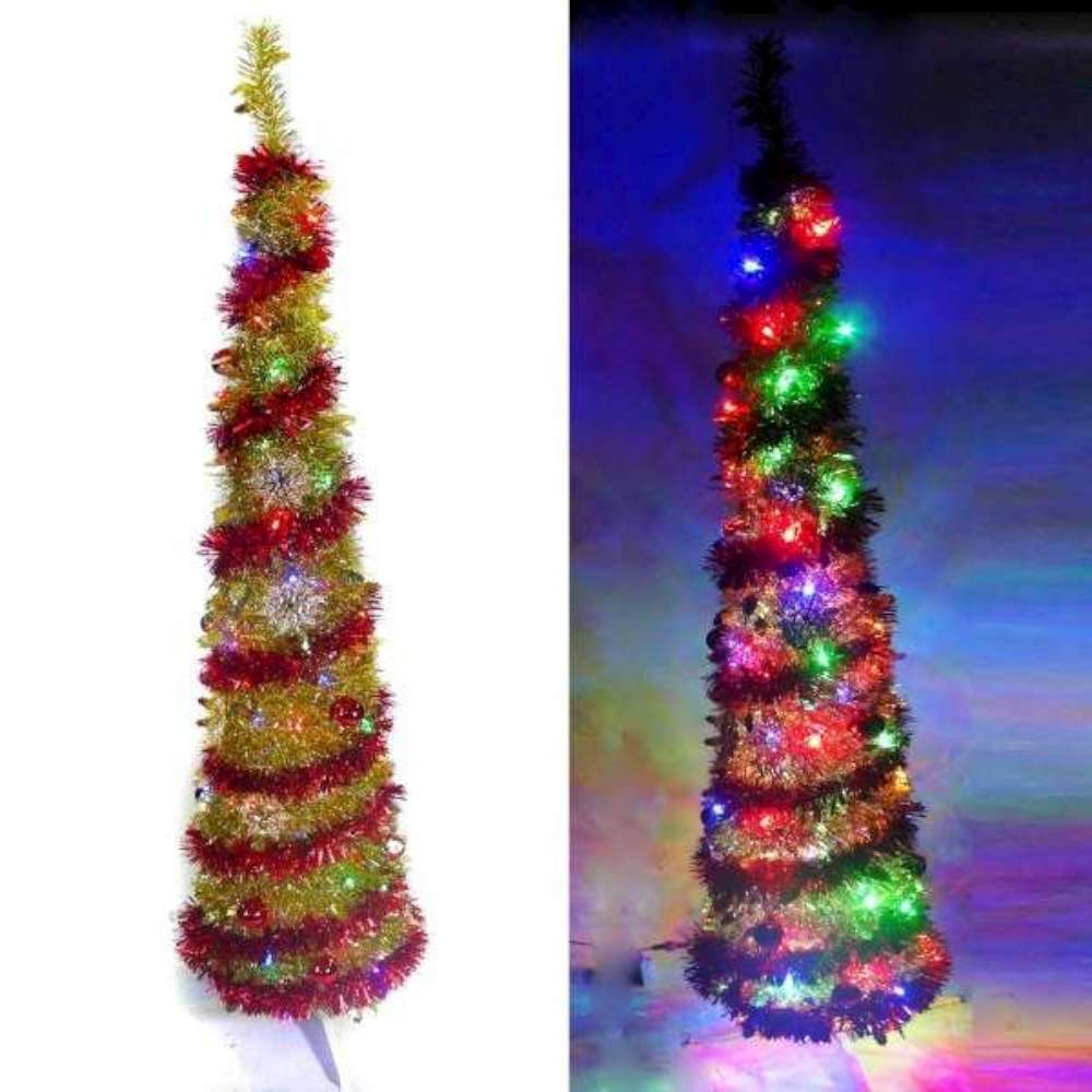 6尺(180cm)彈簧摺疊金色哈利葉瘦型鉛筆樹聖誕樹(+LED100燈四彩光+紅系飾品)