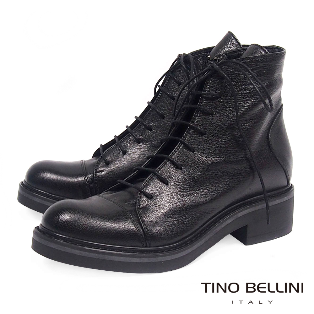 Tino Bellini義大利進口經典羊皮綁帶中低跟軍靴_ 黑