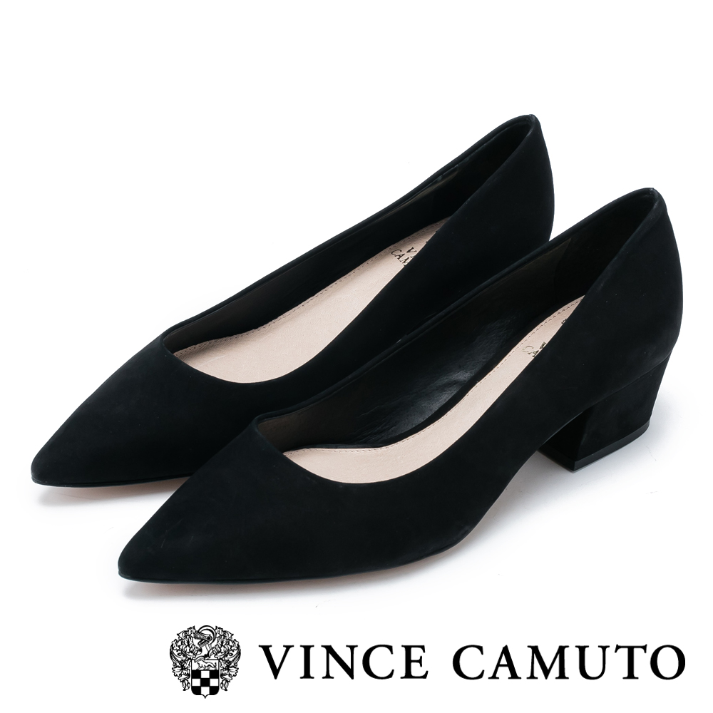 Vince Camuto 尖頭素雅粗跟鞋-絨黑