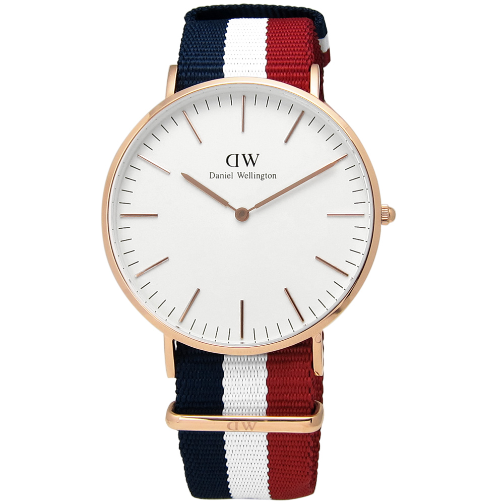 DW Daniel Wellington 時尚美國風尼龍男錶-玫瑰金框x藍白紅/40mm