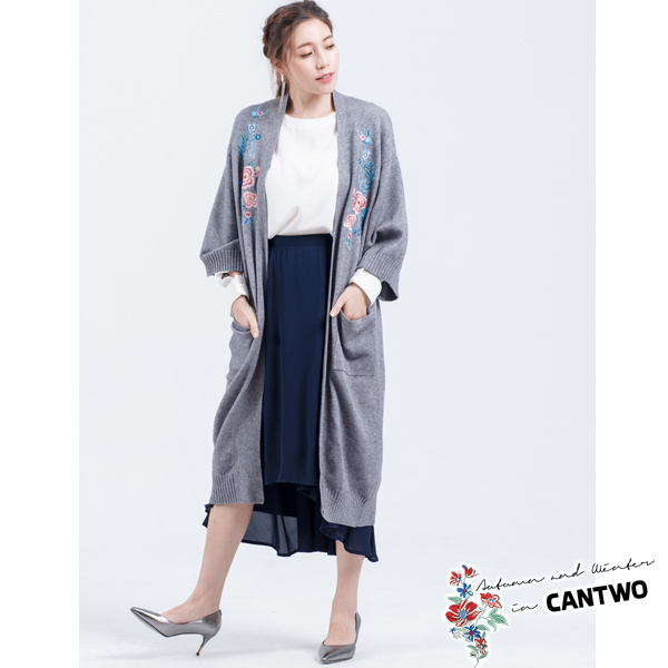 CANTWO日式和服刺繡長版罩衫(共二色)