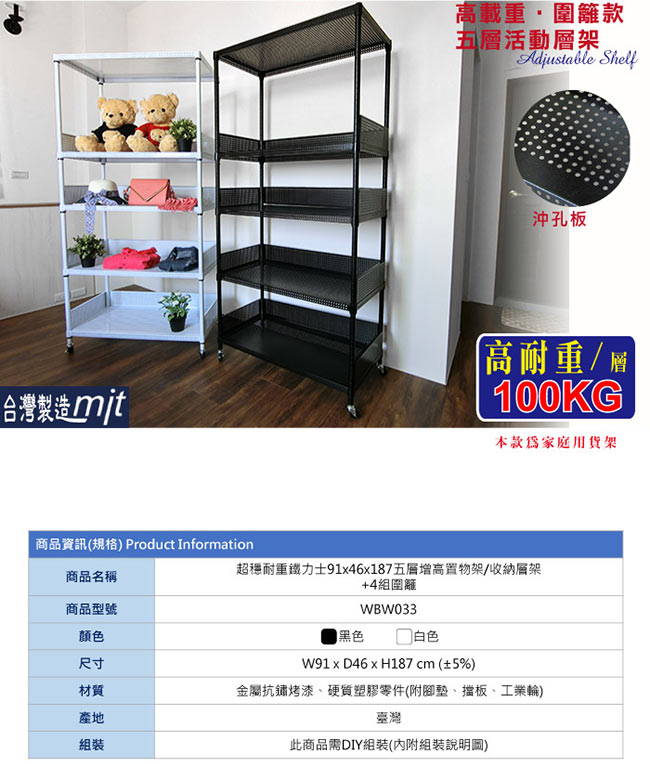 Amos-五層鐵力士層架+圍籬+輪91x46x187CM