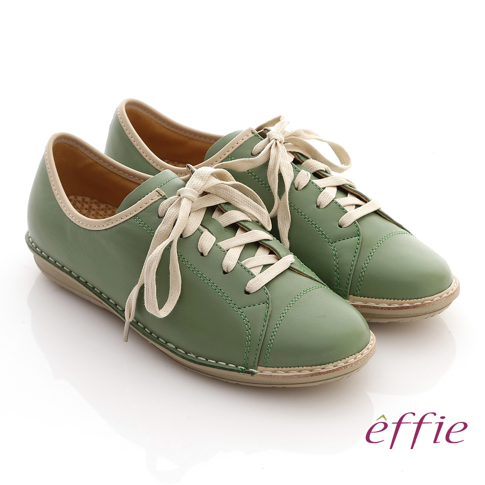 effie 時尚輕量 全真皮縫線綁帶奈米休閒鞋 綠