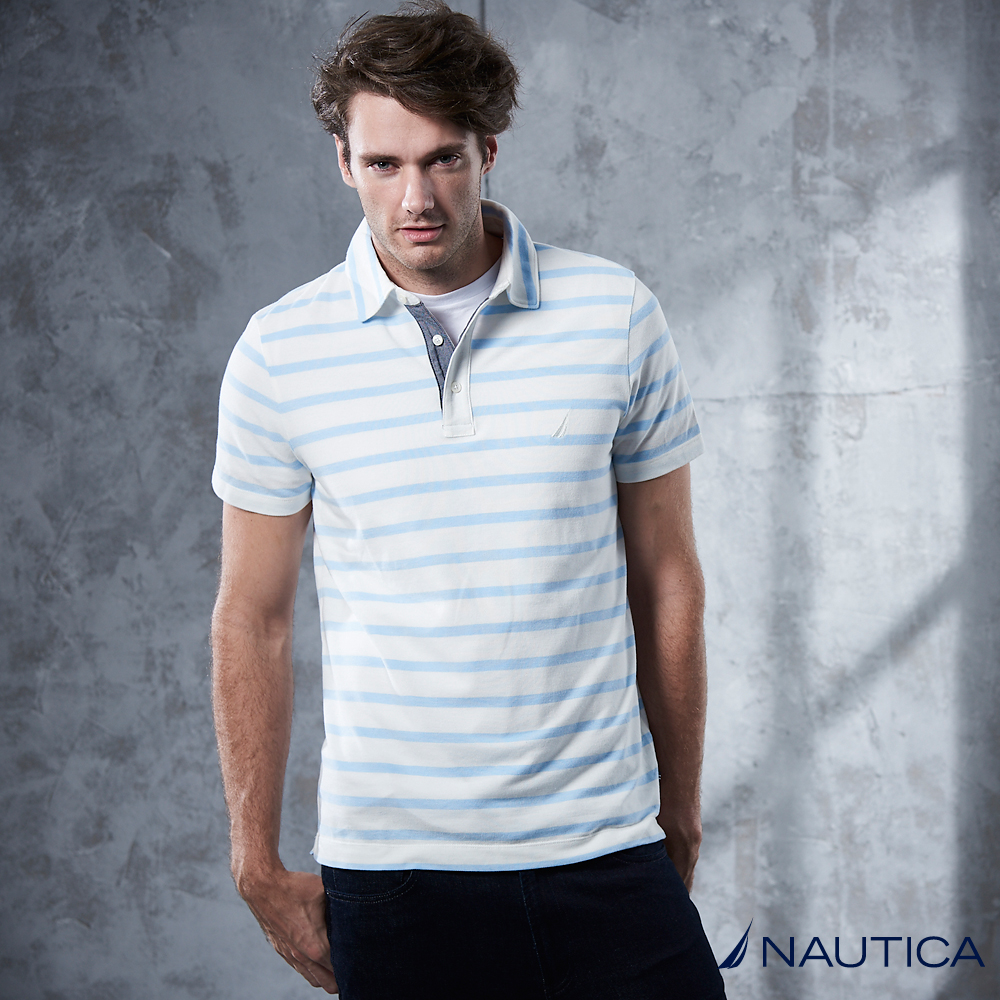 Nautica 夏日清新條紋短袖POLO衫 -白