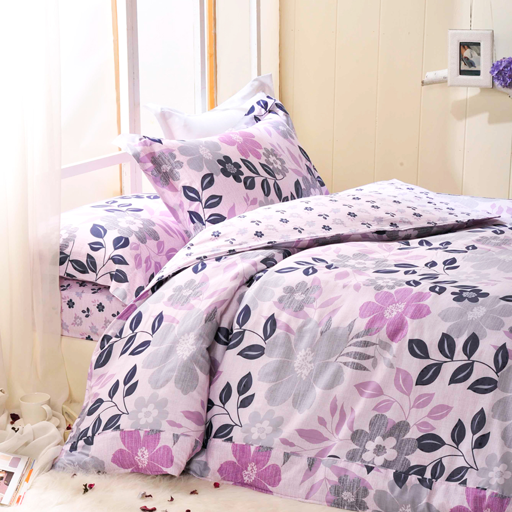 義大利La Belle 徜徉花夢海-紫 特大四件式舖棉兩用被床包組