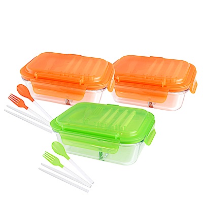 美國Winox 玻璃保鮮盒600ML附組合餐具-2格款+玻璃保鮮盒1000ML附組合餐具-3格