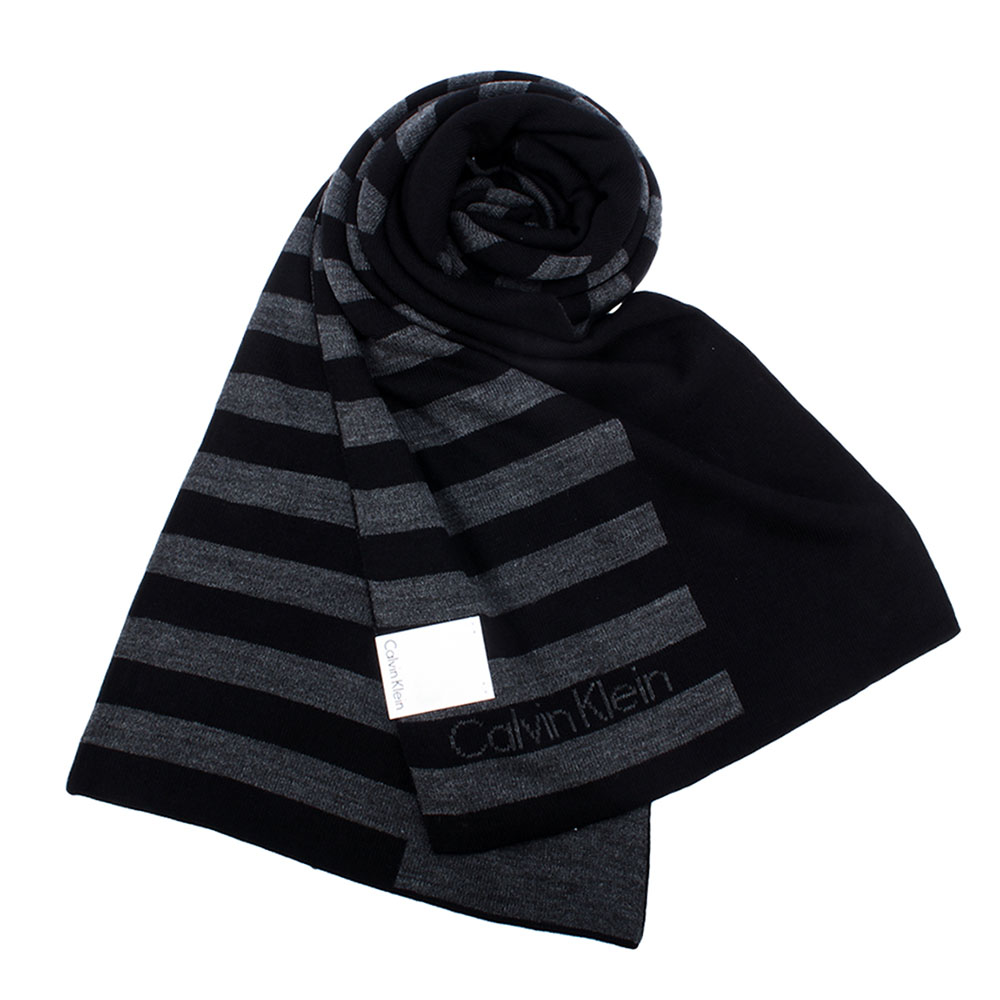 Calvin Klein CK 學院風格條紋針織圍巾-黑灰色