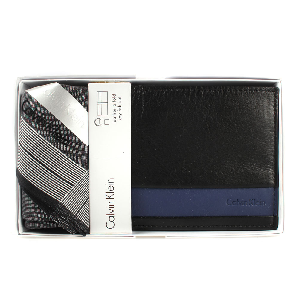 Calvin Klein 雙色橫紋皮革短夾帕巾禮盒-黑色