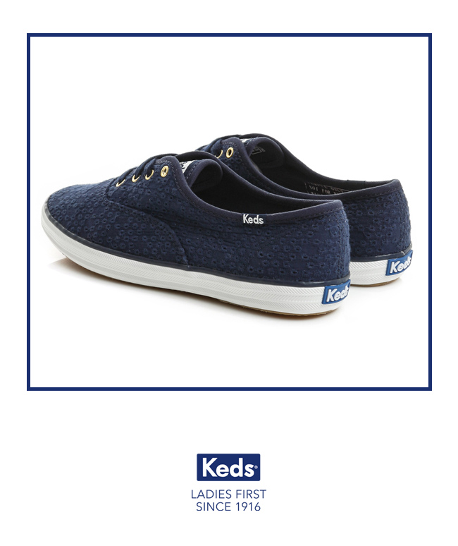 Keds CHAMPION 繡花綁帶休閒鞋-海軍藍