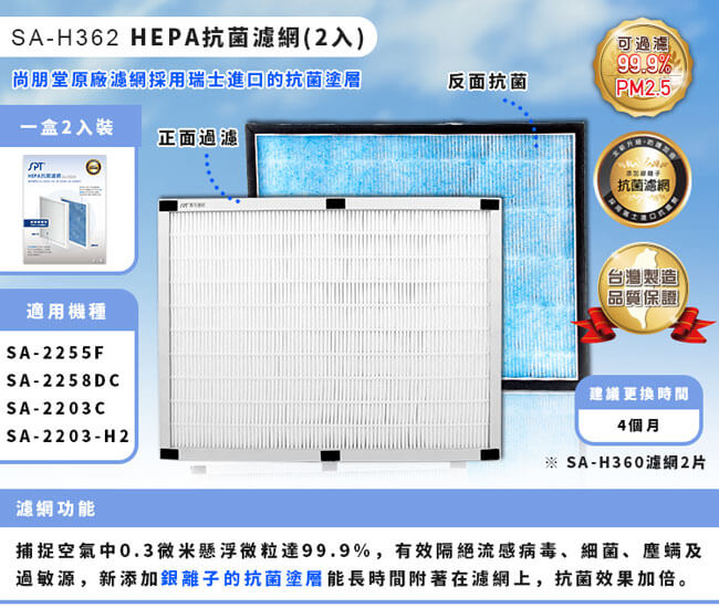 尚朋堂空氣清淨機SA-2255F/SA-2258DC專用HEPA抗菌濾網SA-H362