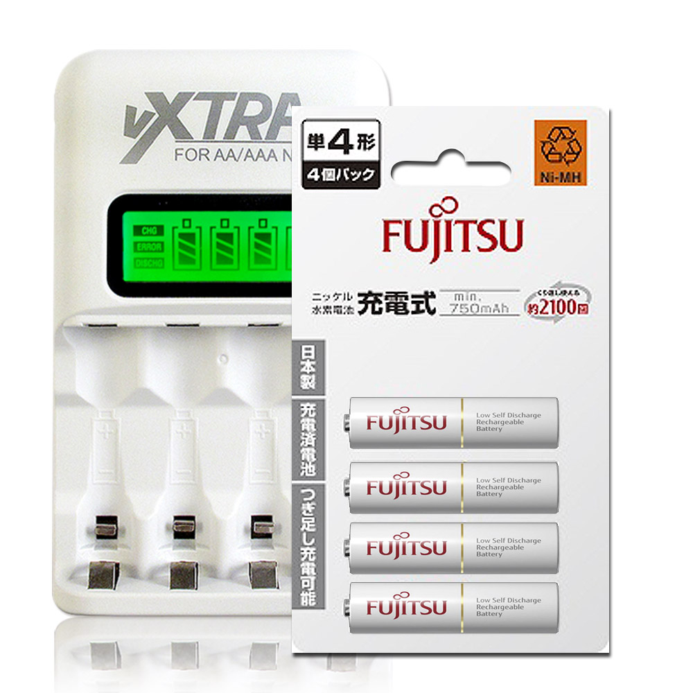 Fujitsu 750mAh低自放4號充電電池(4顆入)+VXTRA LCD 充電器