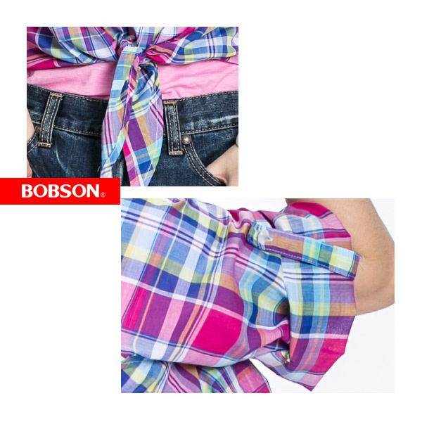 BOBSON 女款綁結格子短袖襯衫(紫紅23133-15)