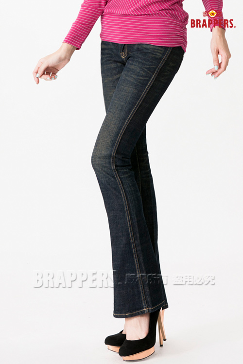 BRAPPERS 女款 彈性白色直線鑲鑽小喇叭褲-深藍