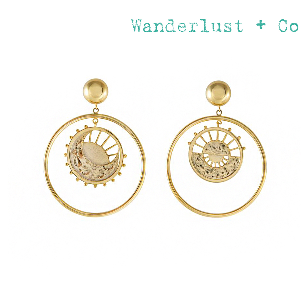 Wanderlust+Co 澳洲時尚品牌 太陽新月造型曙光耳環 金色