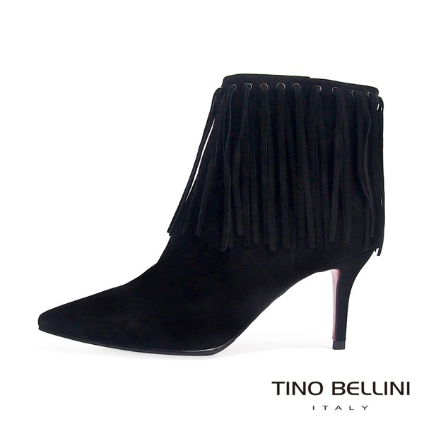 Tino Bellini 性感復刻風情流蘇高跟短靴_黑
