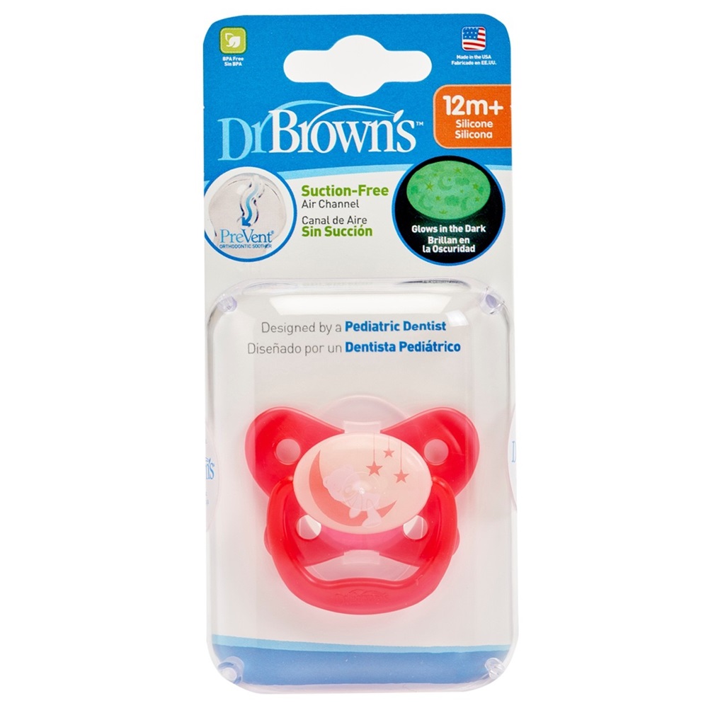 美國Dr Brown 布朗博士PreVent功能性夜光安撫奶嘴 粉2個12個月+(附收納盒