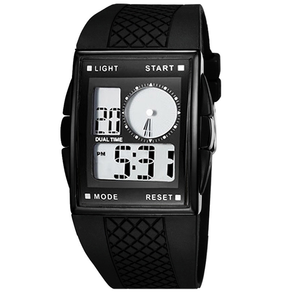 Watch-123 奧迪斯OTS369運動防水多功能雙顯電子錶-黑白色/34x45mm