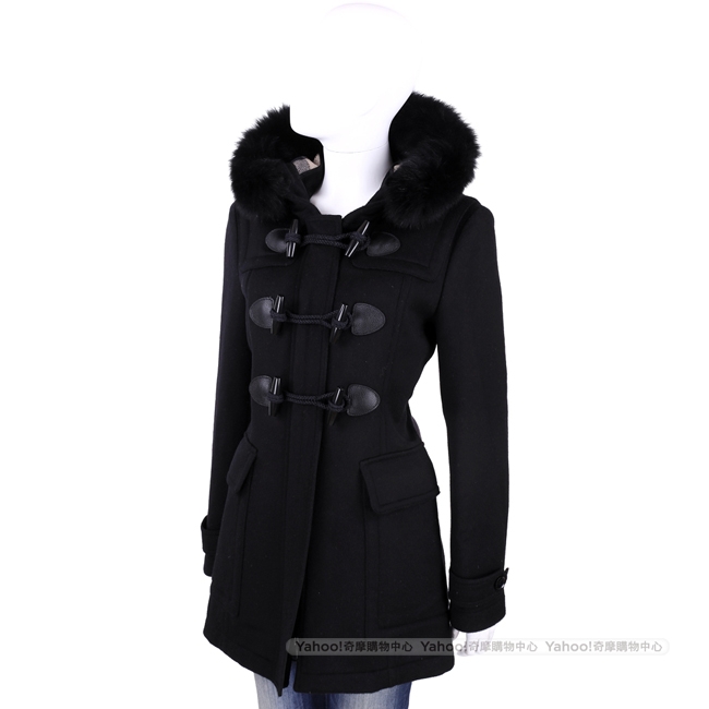BURBERRY 黑色牛角釦羊毛皮草連帽大衣