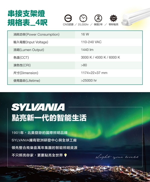 SYLVANIA喜萬年 16W 4呎 LED 全塑支架燈 自然光4000K全電壓 2入