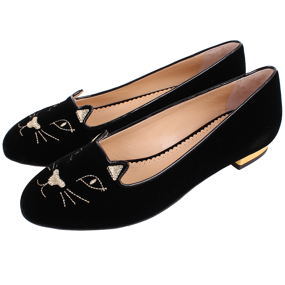 Charlotte Olympia Kitty 經典天鵝絨貓咪平底鞋(經典黑)