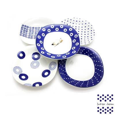 【西海陶器】日本輕量瓷美濃燒五入多用湯盤組-藍丸紋(21.5x4cm/425ml)