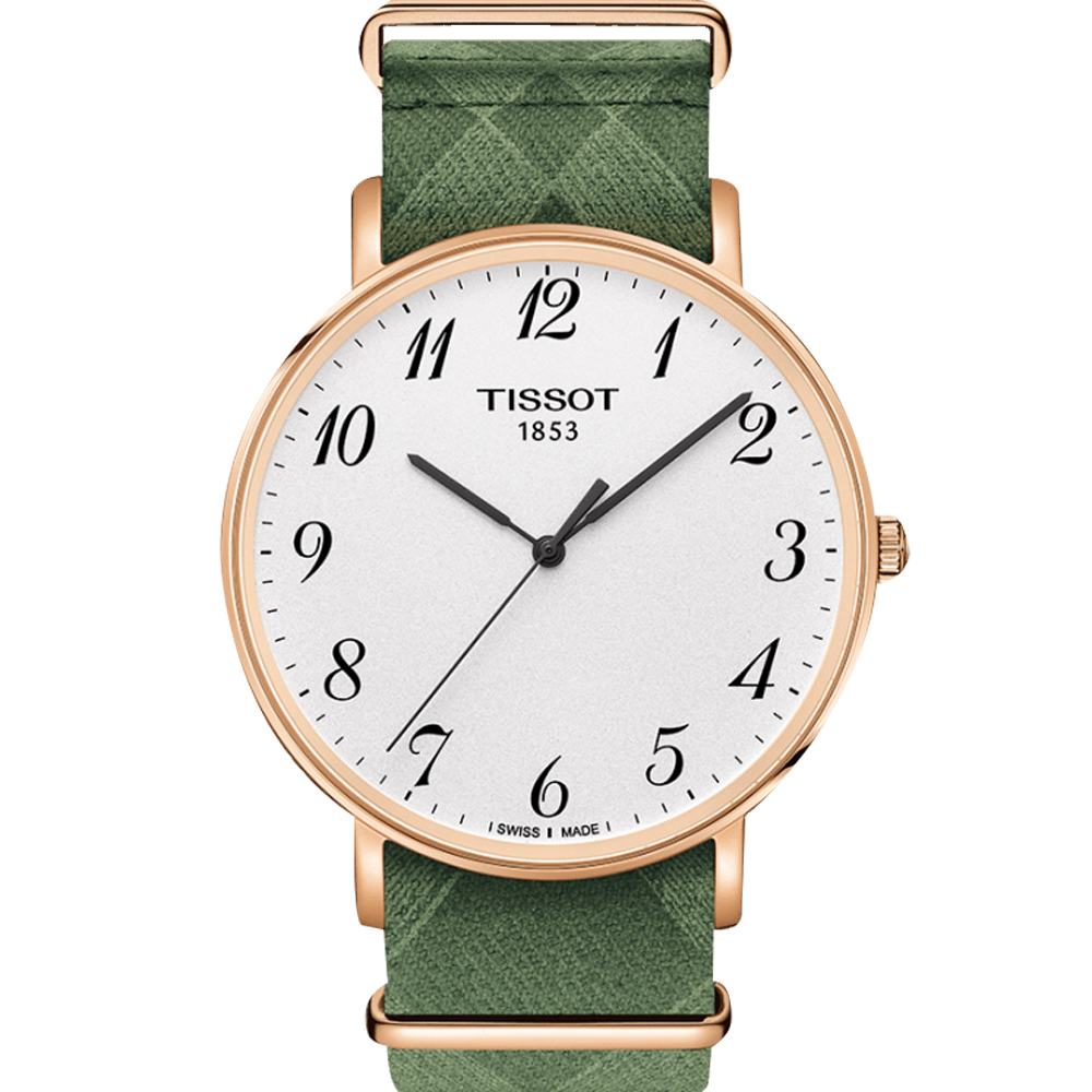TISSOT 天梭 官方授權 Everytime 經典雋永腕錶-銀x玫塊金框x綠色錶帶/42mm