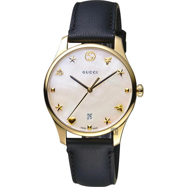 GUCCI古馳 G-Timeless 海洋超薄手錶-珍珠貝x黑色錶帶/36mm