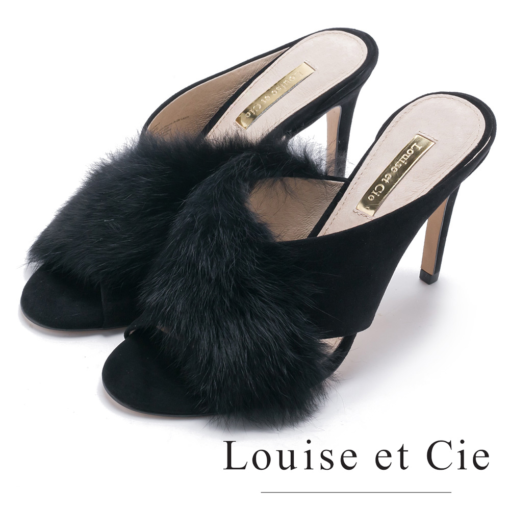 Louise et Cie 優雅兔毛交叉高跟涼拖鞋-黑色