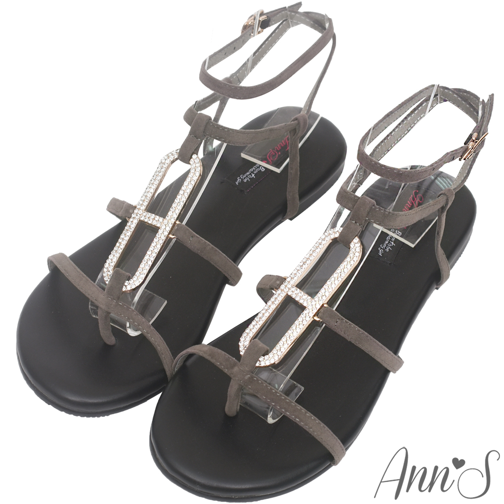 Ann’S小義大利-柔軟皮革水鑽飾層次平底夾腳涼鞋-灰