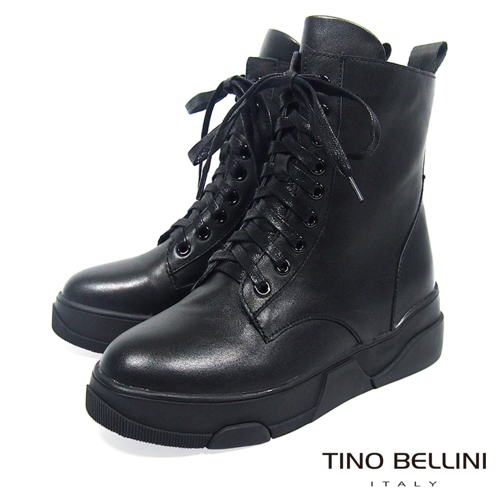 Tino Bellini中性話題舒適全真皮綁帶軍靴_ 黑