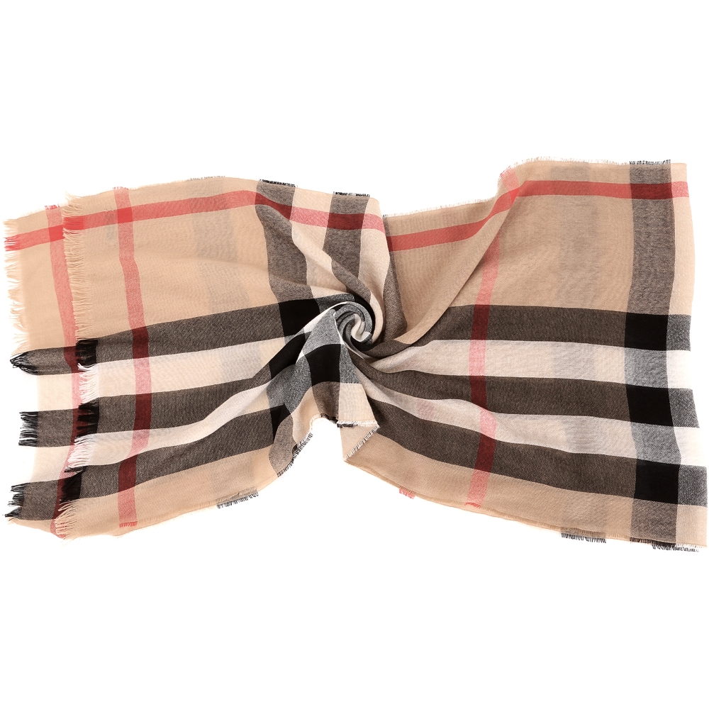 BURBERRY 駝色格紋羊毛喀什米爾圍巾(55%WOOL)