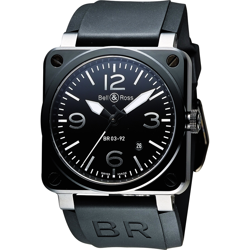 Bell & Ross Aviation 軍事飛行陶瓷機械腕錶-黑x銀時標/42mm