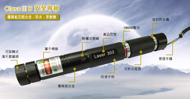 READY Laser 303 滿天星蓋鋁合金激光雷射筆(附18650電池+充電器)