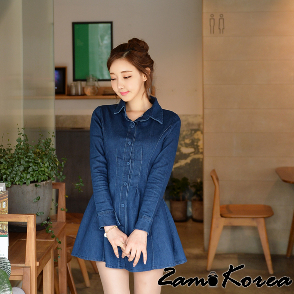 立體縫線收腰傘狀牛仔襯衫洋裝 (藍色)-2am.Korea