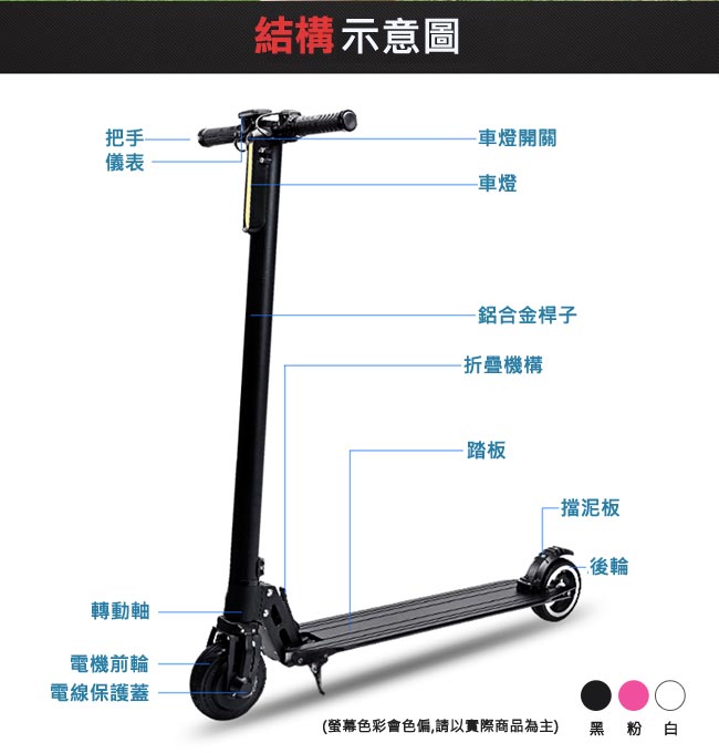 CARSCAM行車王 LED大燈碳纖維超輕量折疊電動滑板車