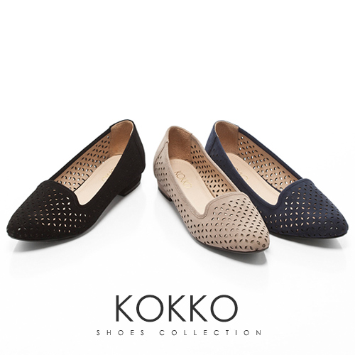 KOKKO-都會時尚尖頭麂皮沖孔樂福鞋 - 杏暖沙