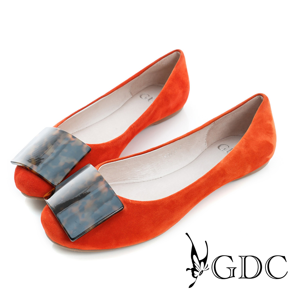 GDC-豹紋方形飾扣麂皮平底娃娃鞋-桔色
