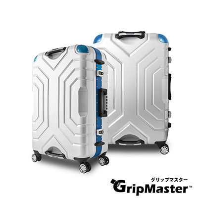 日本GRIPMASTER  24吋 白拉絲(深藍框)  王者霸氣 雙把手硬殼鋁框行李箱