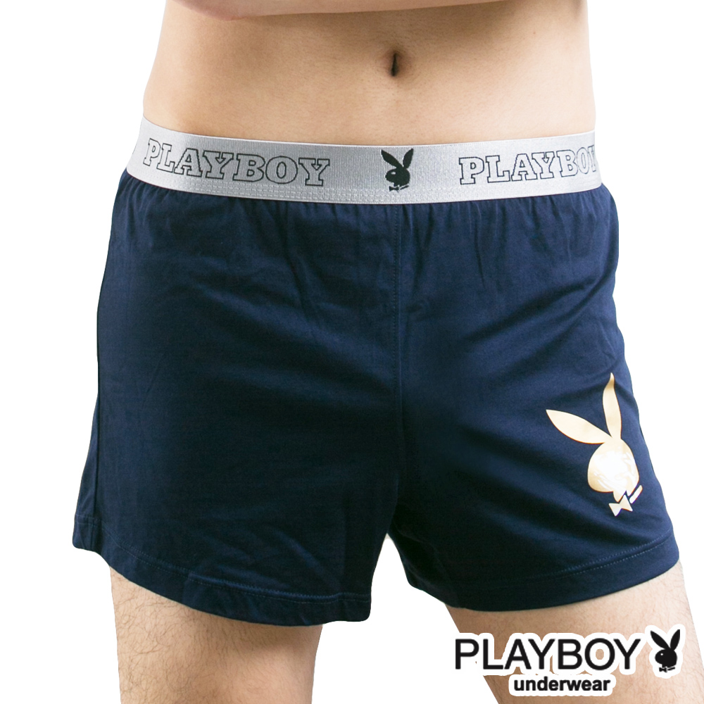 PLAYBOY 燙金兔頭Logo素面針織四角褲-單件-丈青