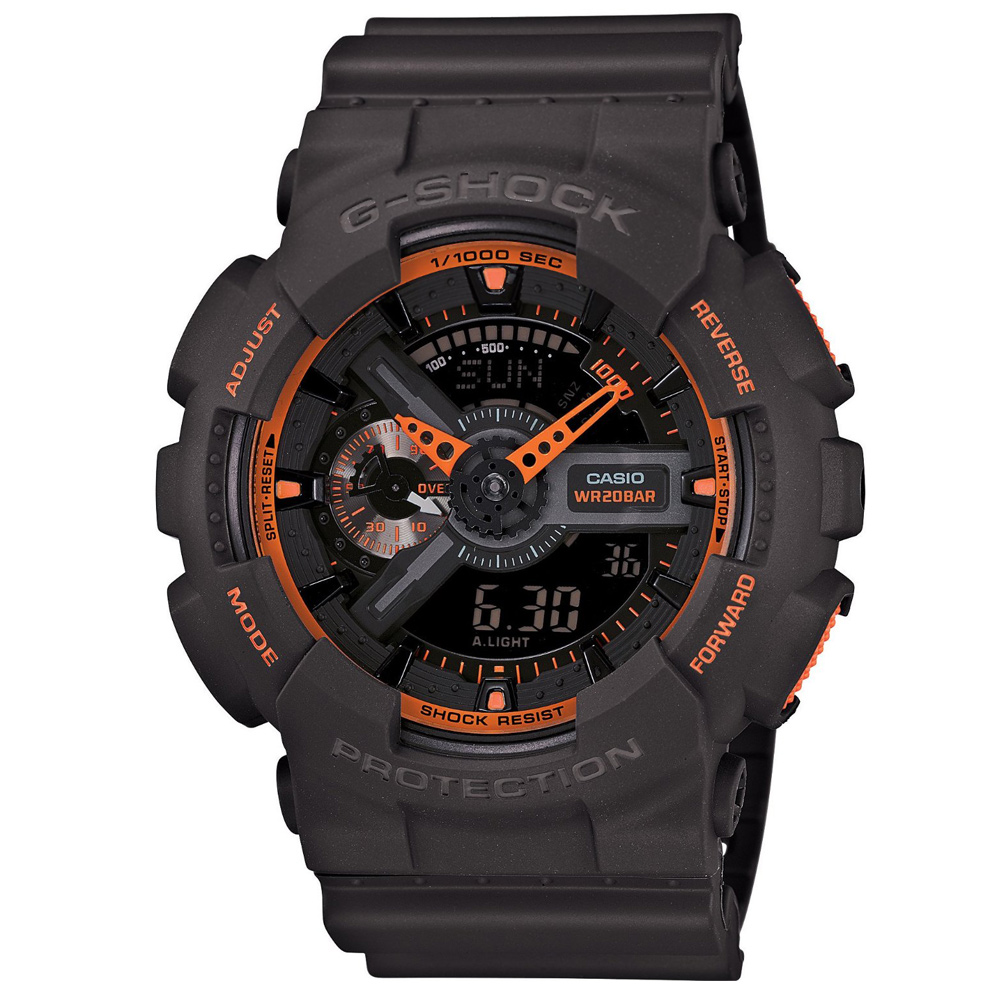G-SHOCK 超人氣霓光搶色新亮點機械風雙顯錶-霧黑x橘線框/52mm