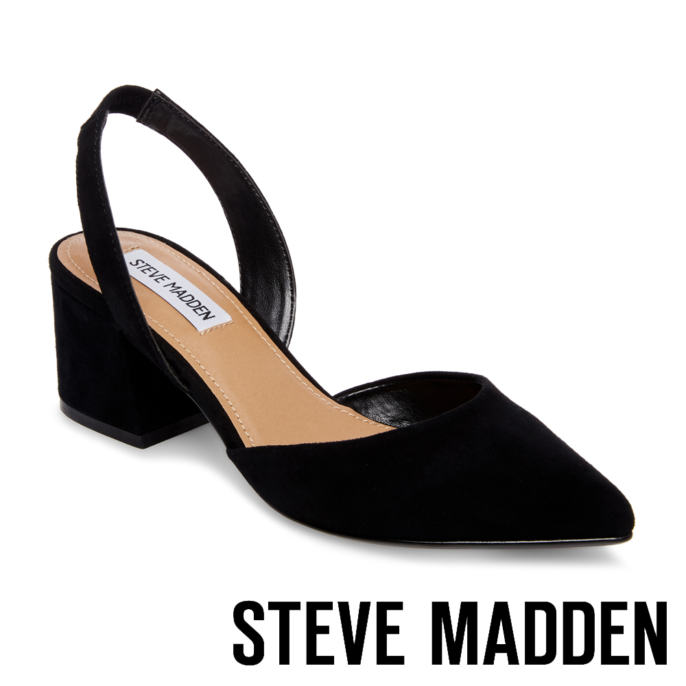 STEVE MADDEN-DAY  麂皮尖頭粗跟後帶涼鞋-黑色