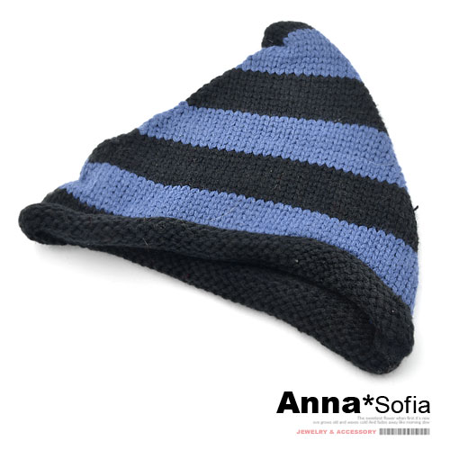 AnnaSofia 條紋尖頂 毛線針織帽(藍黑系)