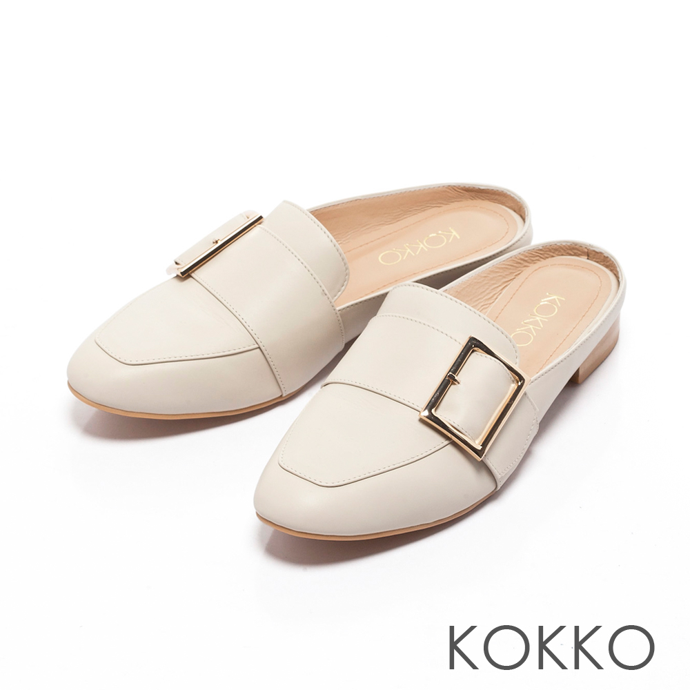 KOKKO -法式質感真皮方扣平底穆勒鞋-亮眼白