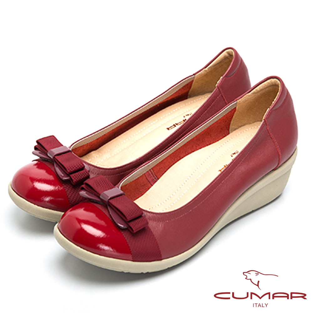 CUMAR舒適嚴選 舒適牛皮船型底氣墊鞋-紅色