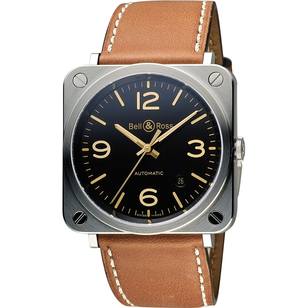 Bell & Ross Aviation 軍事飛行機械錶-黑x金時標/39mm