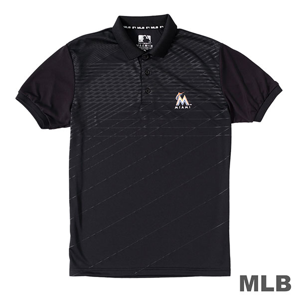 MLB-邁阿密馬林魚隊條紋印花POLO衫-黑 (男)
