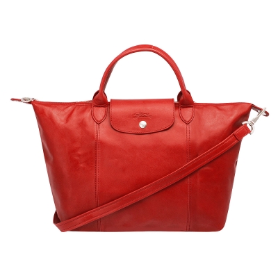 LONGCHAMP LE PLIAGE CUIR 混羊皮短把手提/斜背包(中-櫻桃紅)