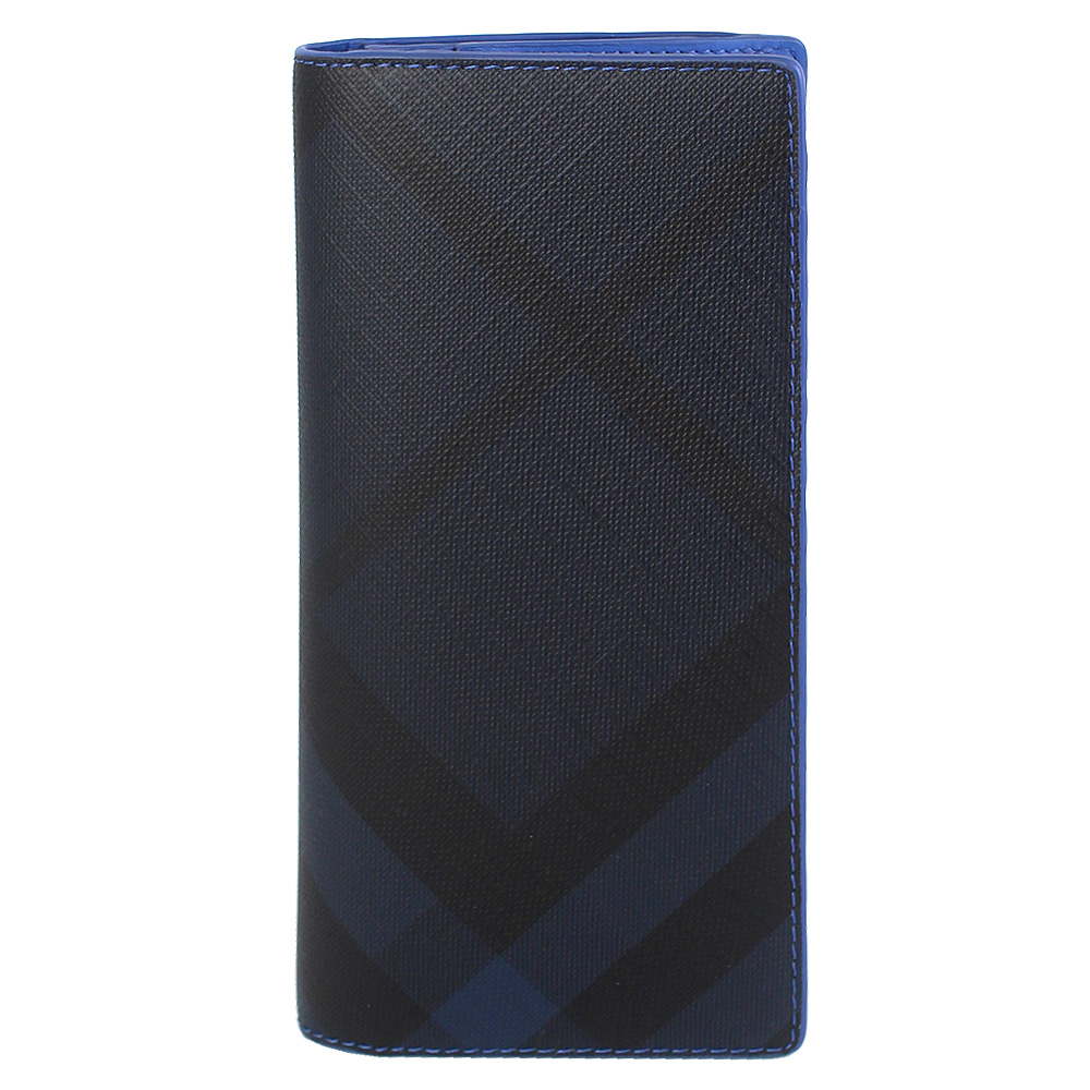 BURBERRY 黑藍色格紋防水材質皮飾邊長夾
