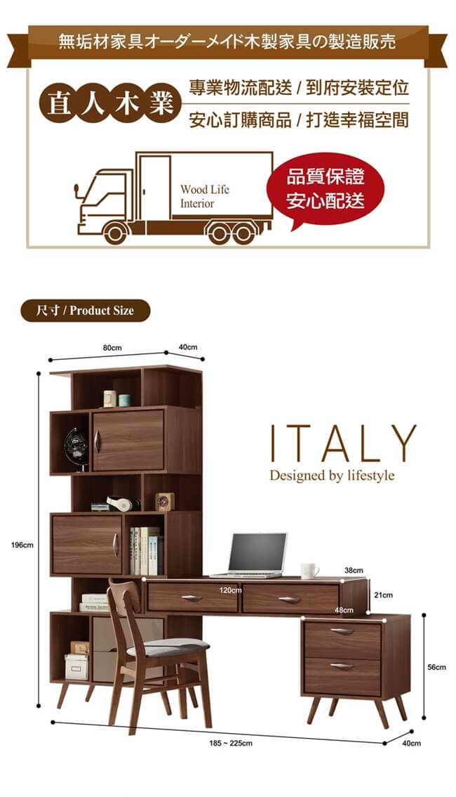 日本直人木業-ITALY淺胡桃可調整書桌櫃組(225x40x196cm)